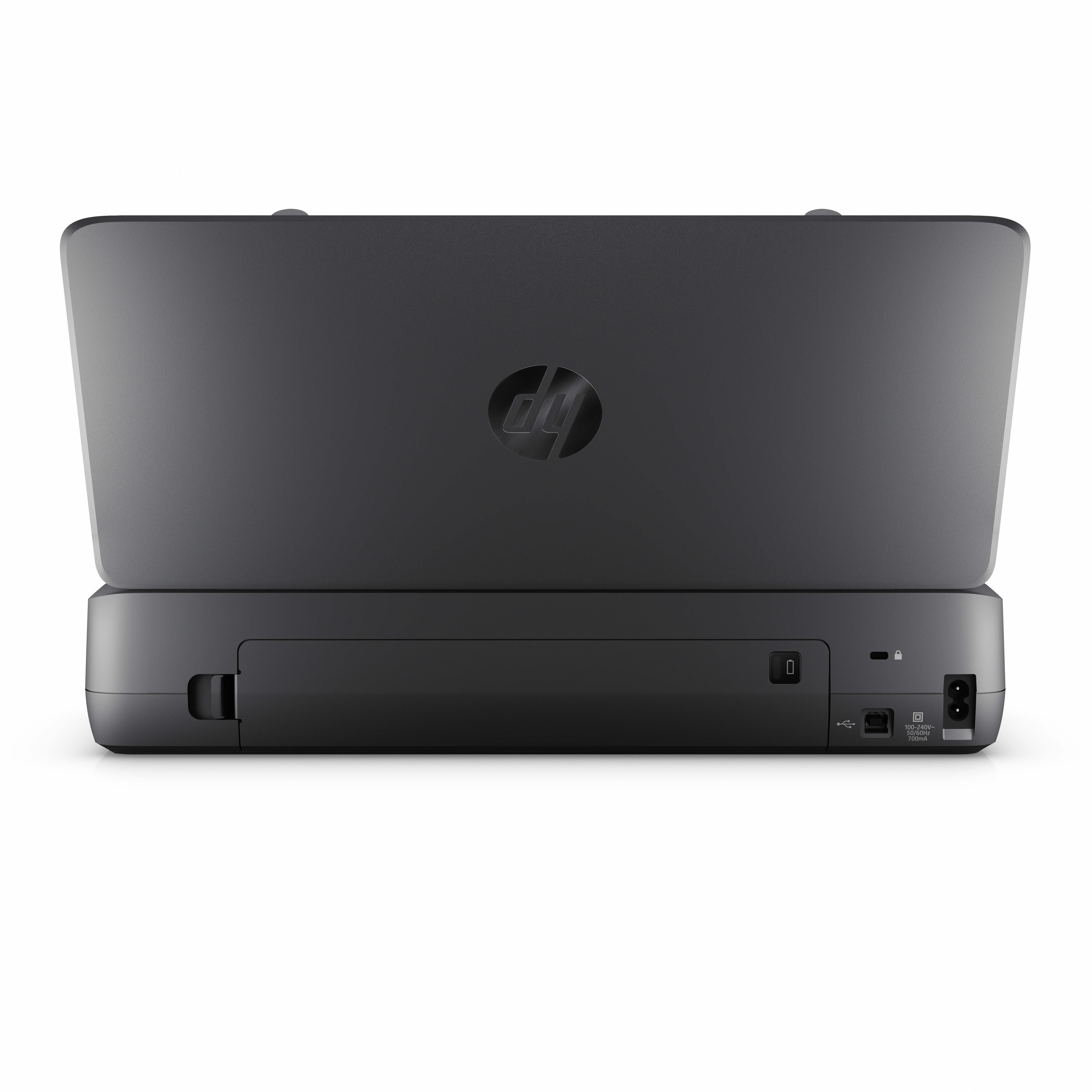 Rückseite eines grauen HP Druckers mit Anschlüssen: Strom, USB und Netzschalter.