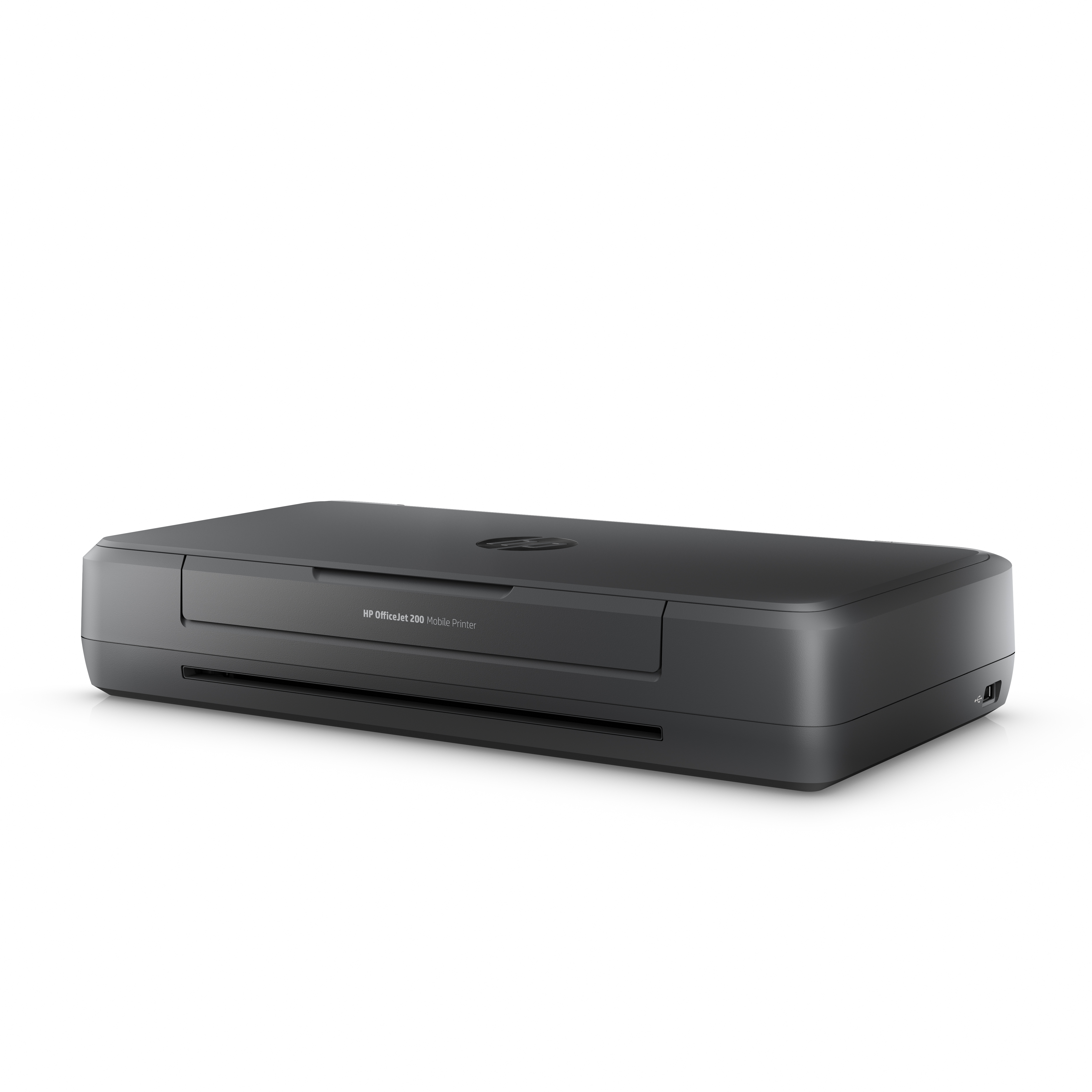Ein schwarzer tragbarer HP OfficeJet 200 Drucker auf weißem Hintergrund.