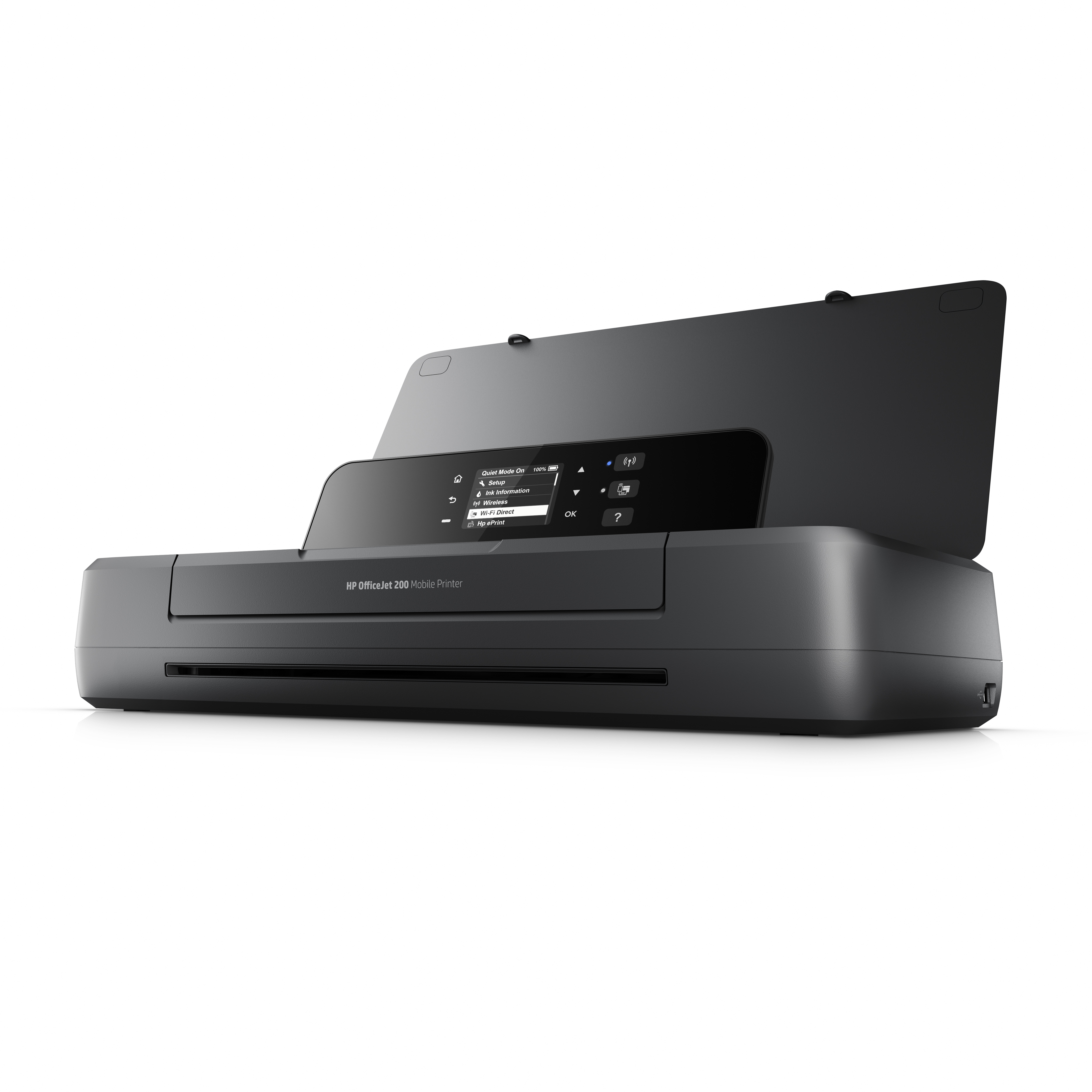 Ein dunkler HP OfficeJet 200 Mobil-Drucker mit geöffnetem Deckel und Touchscreen-Menü.