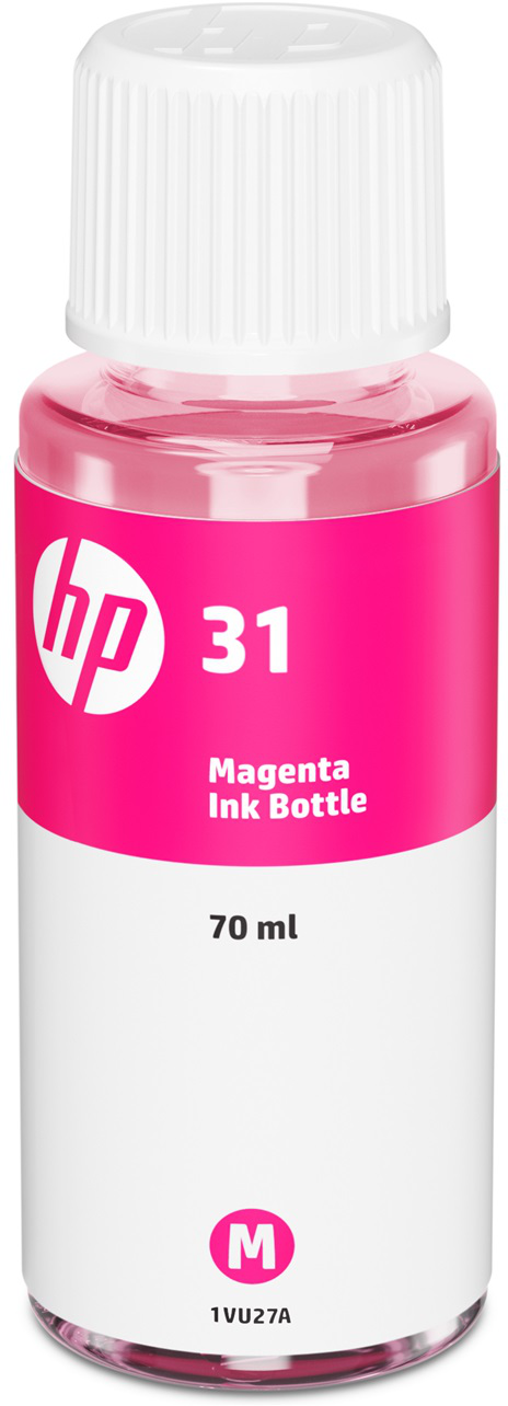 Una bottiglia di inchiostro magenta con tappo bianco, etichettata 'HP 31 Magenta Ink Bottle 70 ml'.