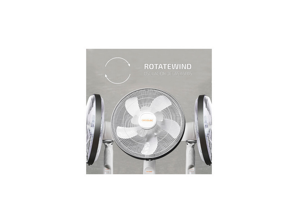 Tres ventiladores blancos con fondo gris y texto que dice ROTATEWIND en español.