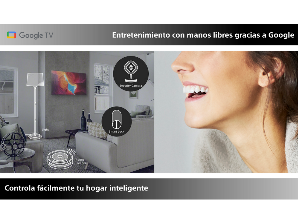Imagen muestra anuncio de Google TV. Mujer sonríe, TV, cámara seguridad, cerradura inteligente, aspirador robot.