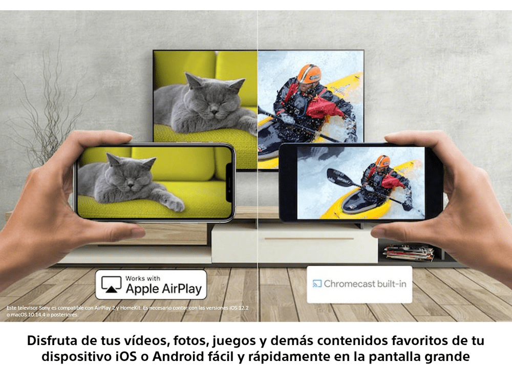 Pantalla mostrando un gato y un kayakista en dos pantallas, manos sosteniendo un teléfono.