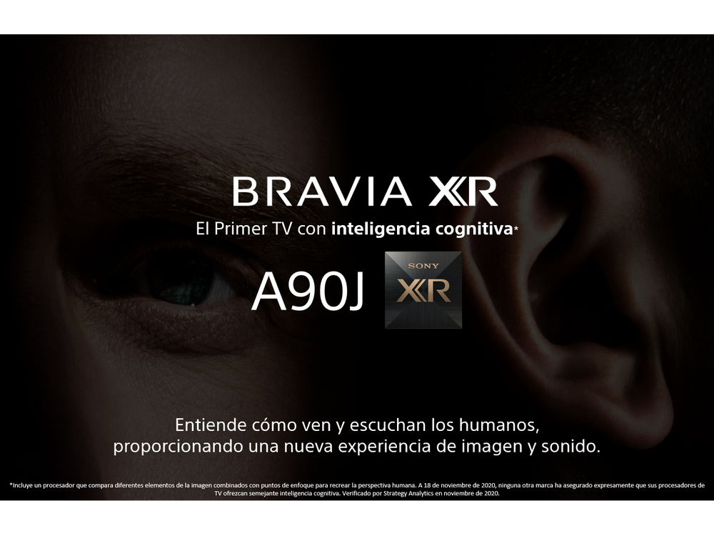 Anuncio de texto para BRAVIA XR TV. Primer plano de un ojo. El texto dice 'BRAVIA XR' y 'A90J'.