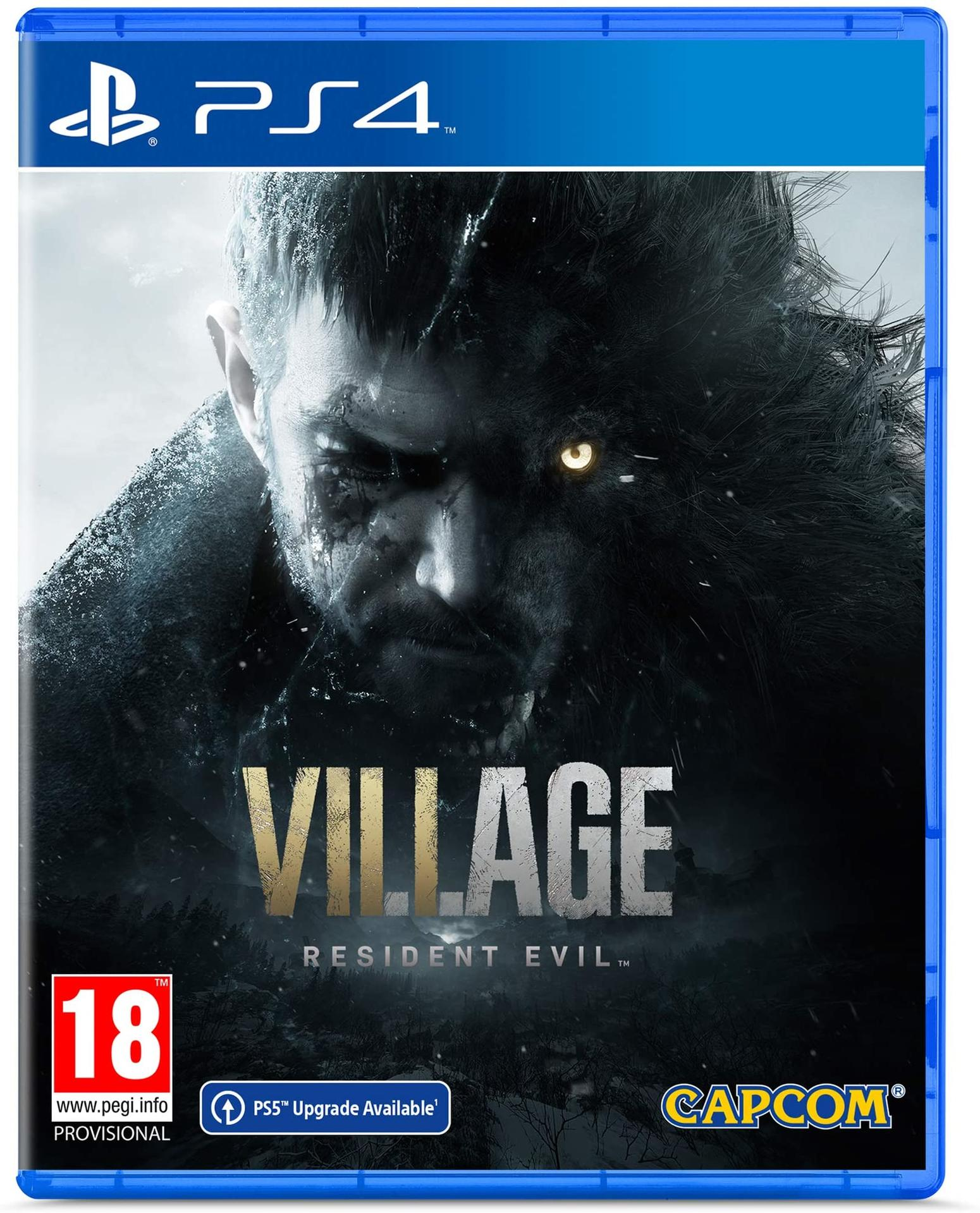 Portada del juego PS4: Criatura lobuna y hombre. Título 'Resident Evil Village'.