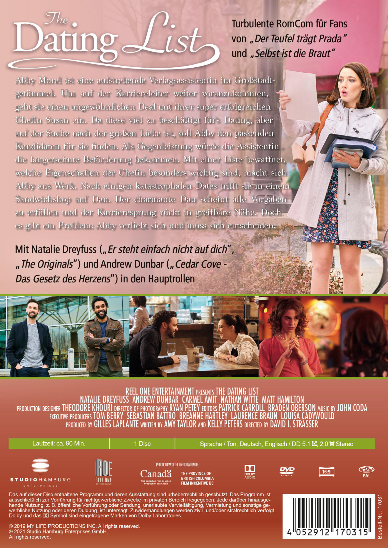 Das Dating List DVD-Cover. Eine Frau hält Bücher. Text und Personen sind sichtbar.