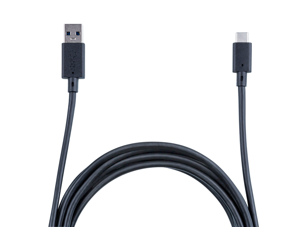 Cable USB-C negro, con un conector USB-A en un extremo.