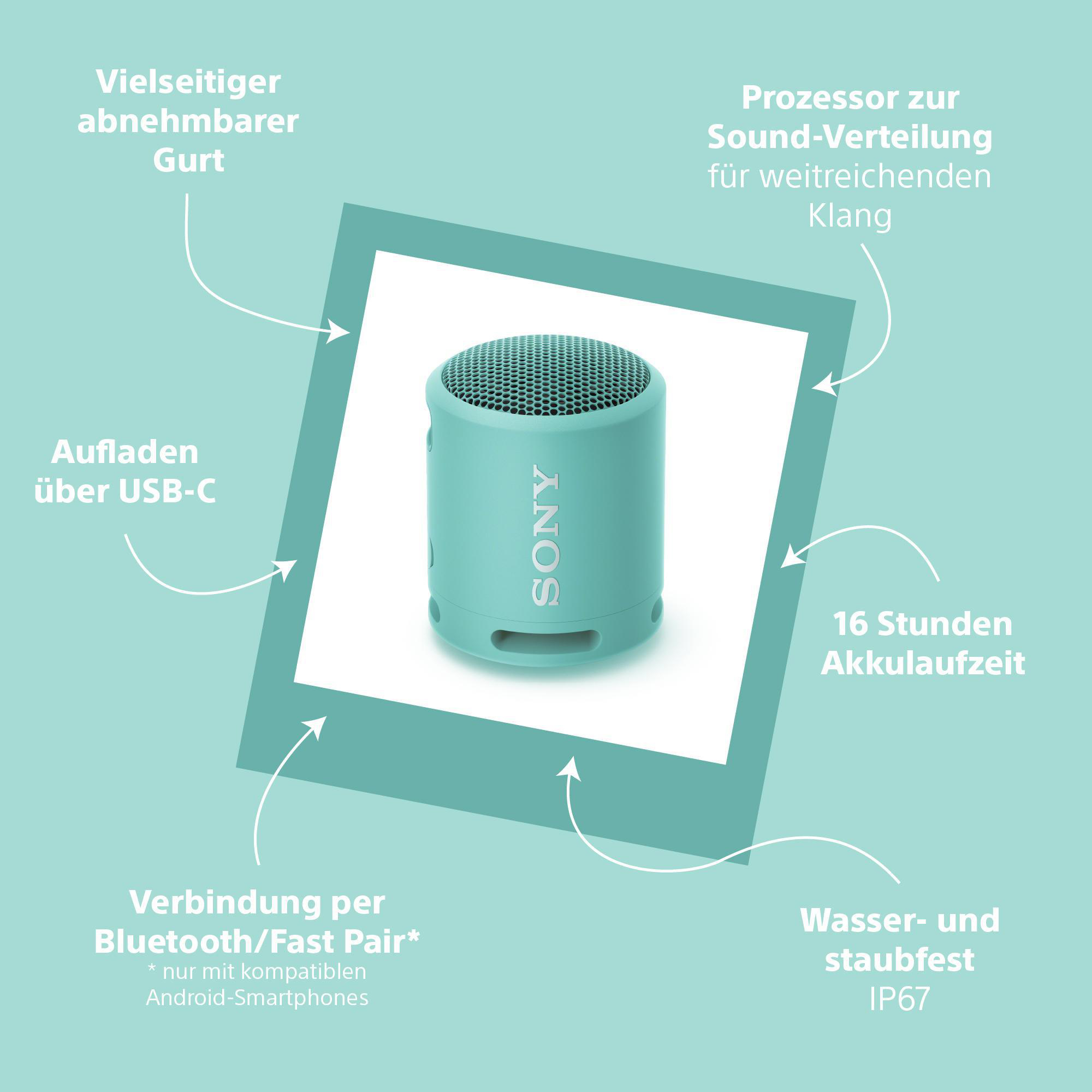 Ein türkisfarbener Sony-Lautsprecher. Textblasen weisen auf Funktionen wie USB-C-Laden und Bluetooth hin.