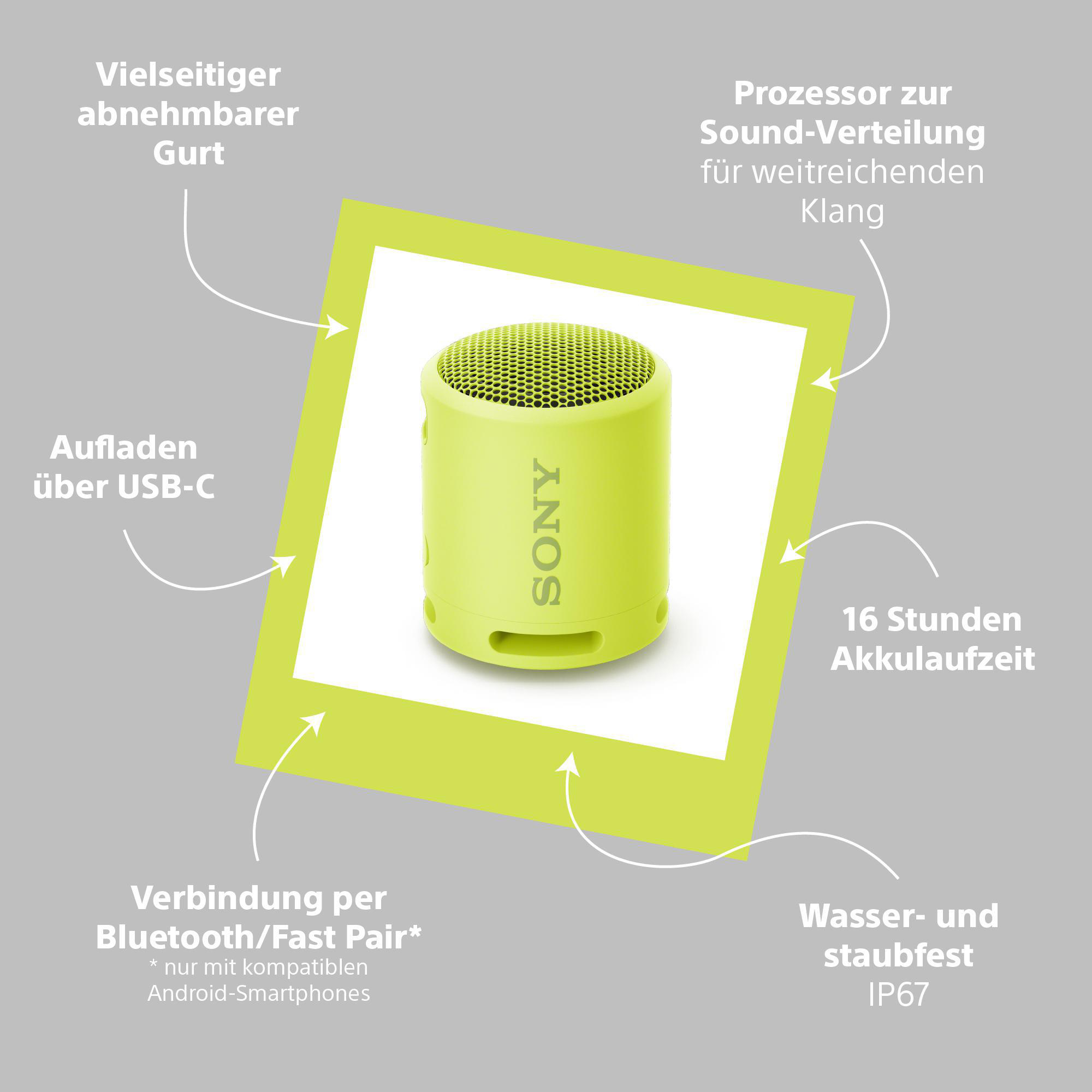Ein limettengrüner Sony-Lautsprecher mit Hinweisen auf Funktionen und Spezifikationen.