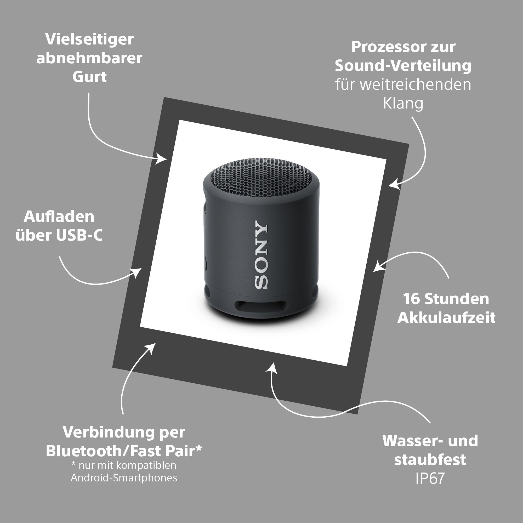 Ein schwarzer Sony-Lautsprecher mit Funktionen: USB-C, Bluetooth, 16-Std.-Akku.