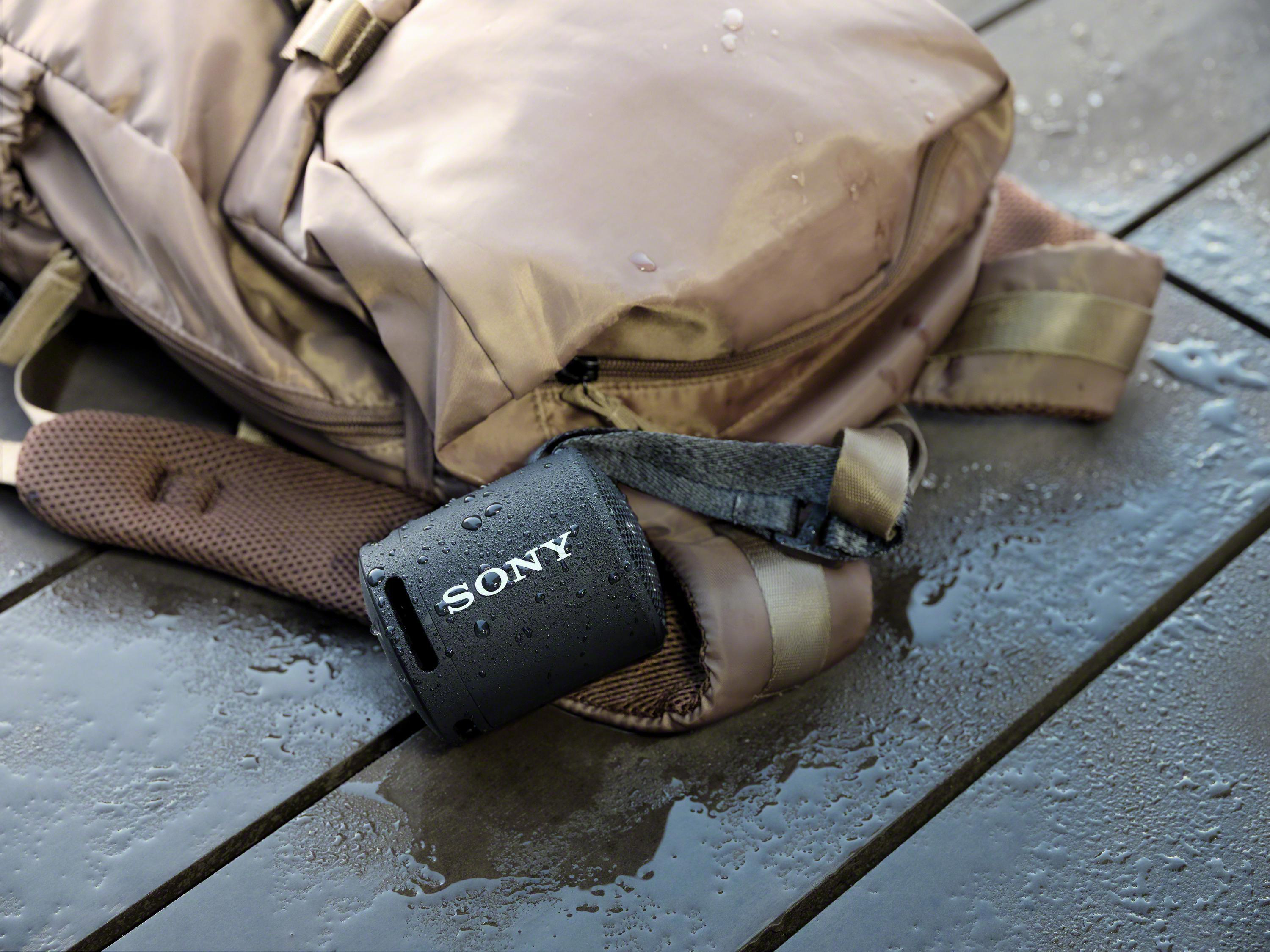 Schwarzer Sony-Lautsprecher auf nassem Holz. Ein Rucksack ist unscharf im Hintergrund.