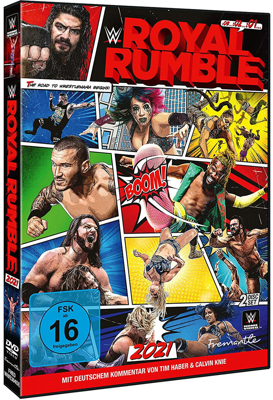 WWE Royal Rumble 2021 DVD-Cover. Enthält Wrestler-Bilder und den Titel der Veranstaltung.