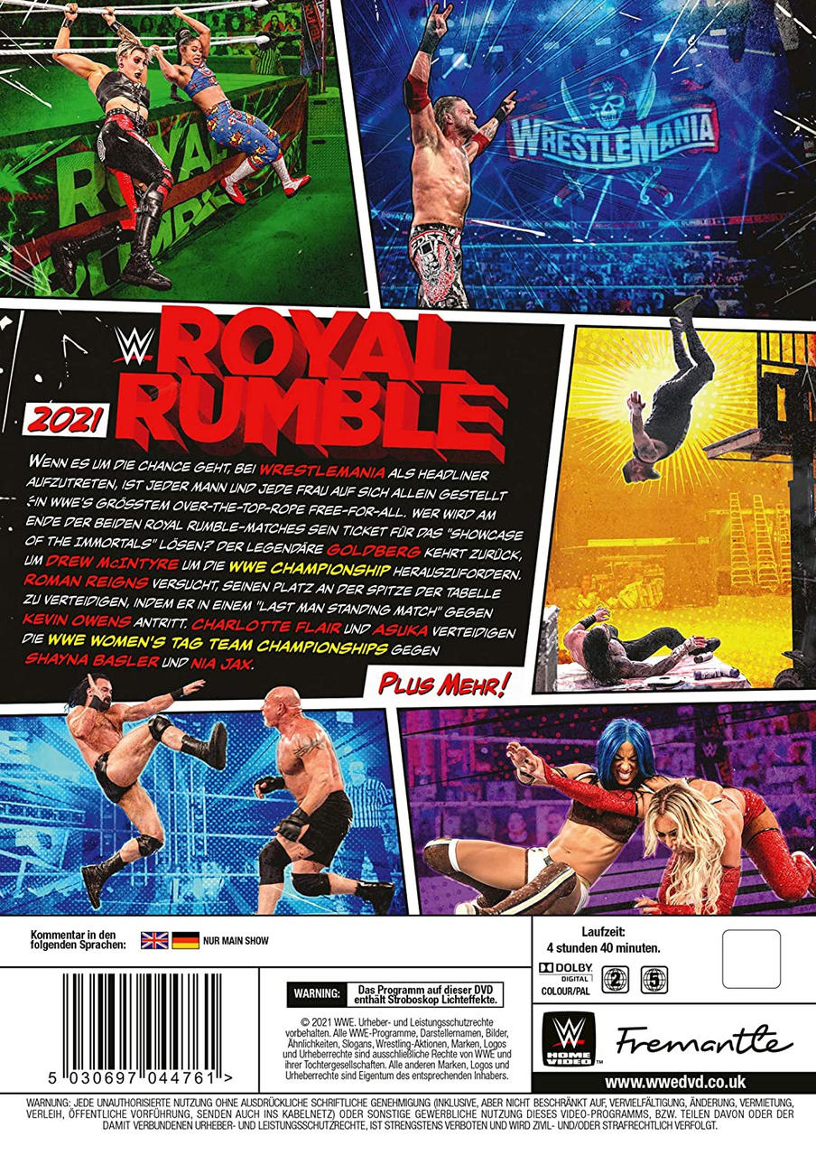 DVD-Cover für WWE Royal Rumble 2021. Mit Wrestlern und Eventdetails.