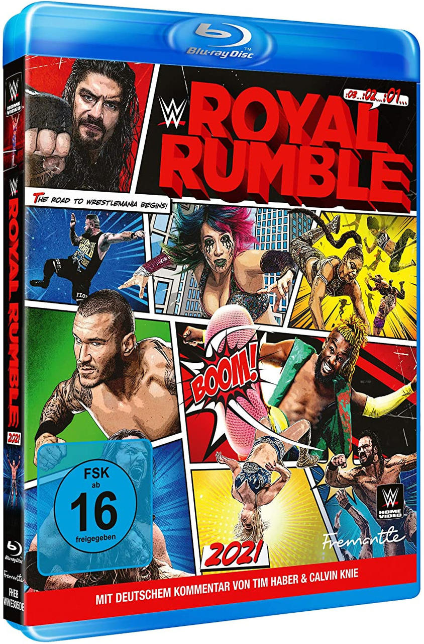 WWE Royal Rumble 2021 Blu-ray Disc-Cover mit Wrestler-Bildern.
