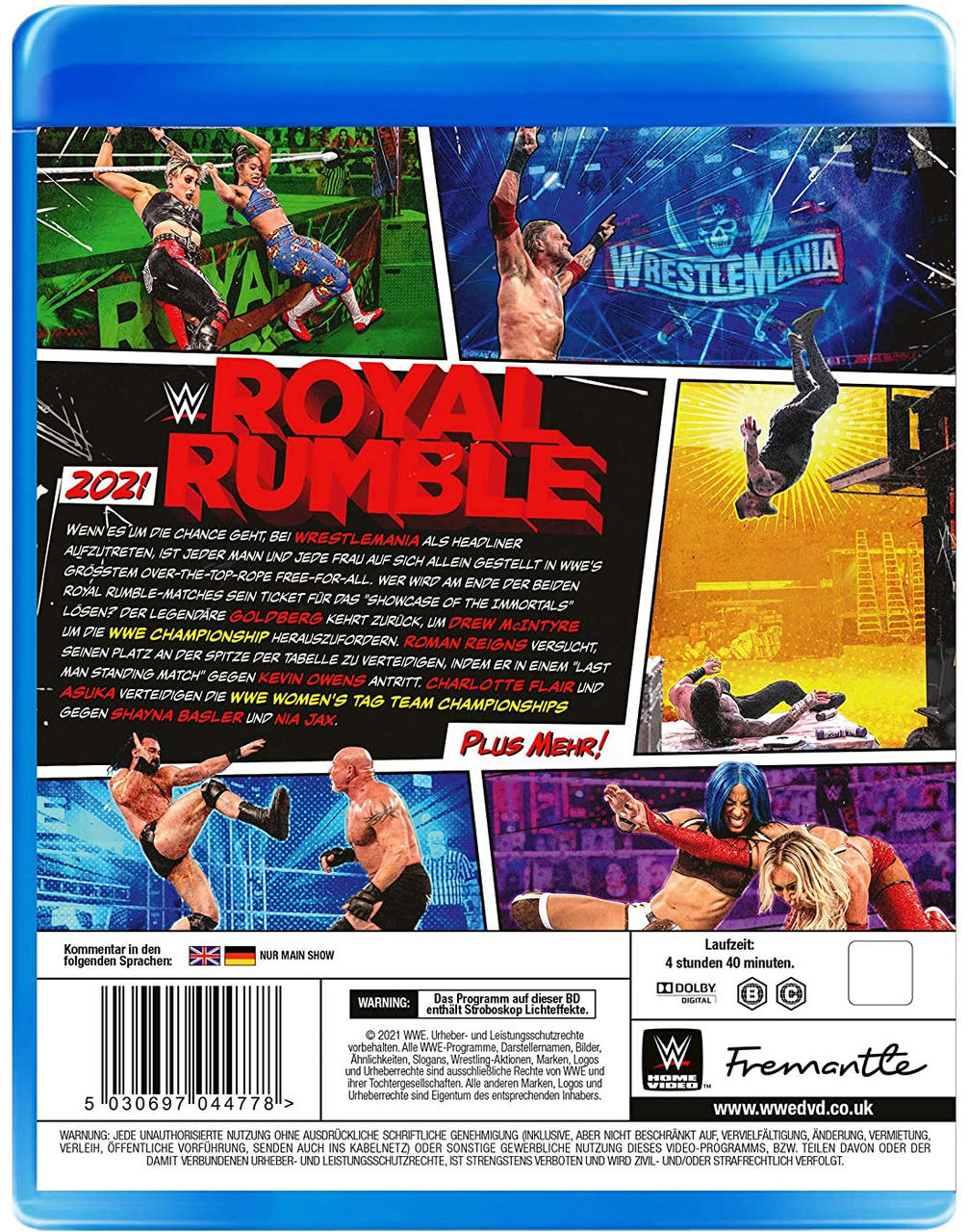 Rückseite der WWE Royal Rumble 2021 Blu-ray Disc-Hülle mit Bildern und Text.
