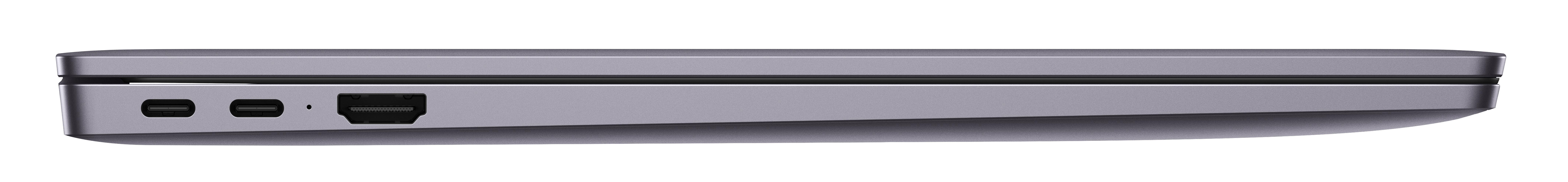 Seitenansicht eines geschlossenen Laptops, graue Farbe.