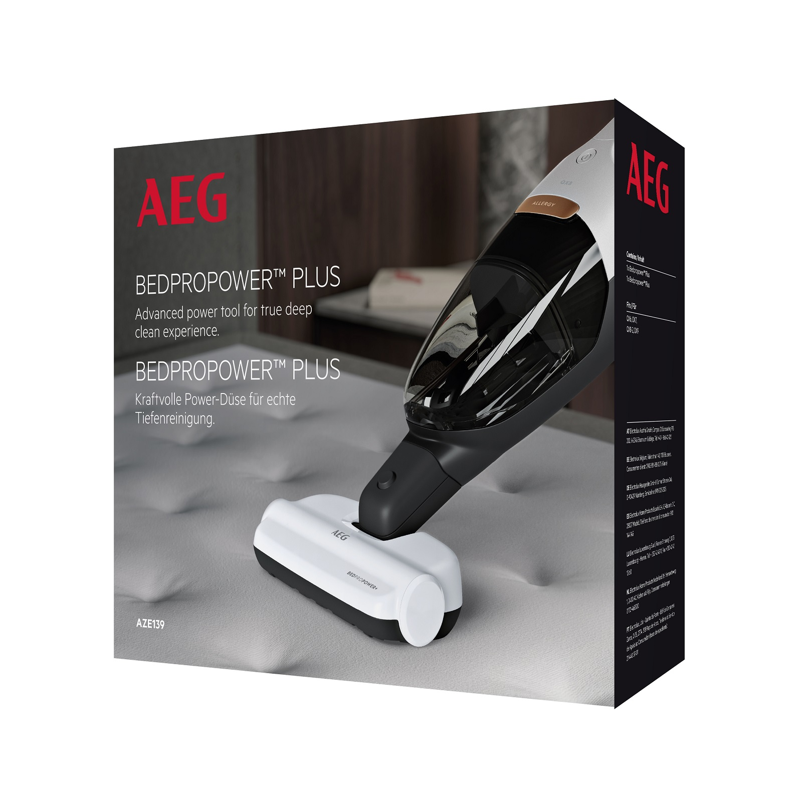 Karton der AEG Bedpropower Plus Staubsauger. Staubsauger befindet sich im Karton. Weißer Hintergrund.