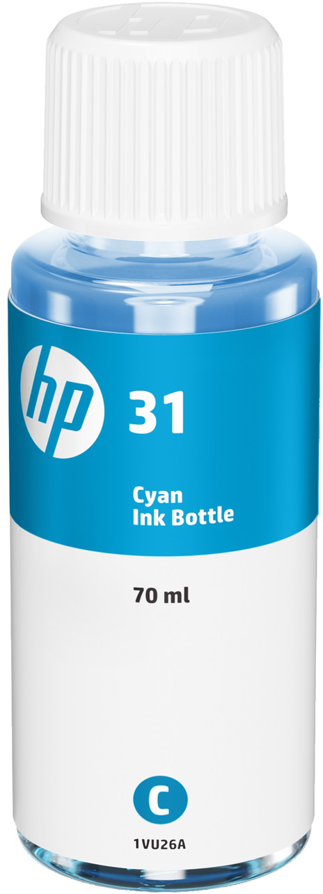 Una bottiglia di inchiostro ciano con tappo bianco e testo. L'etichetta ha il logo HP e 'Cyan Ink Bottle'.