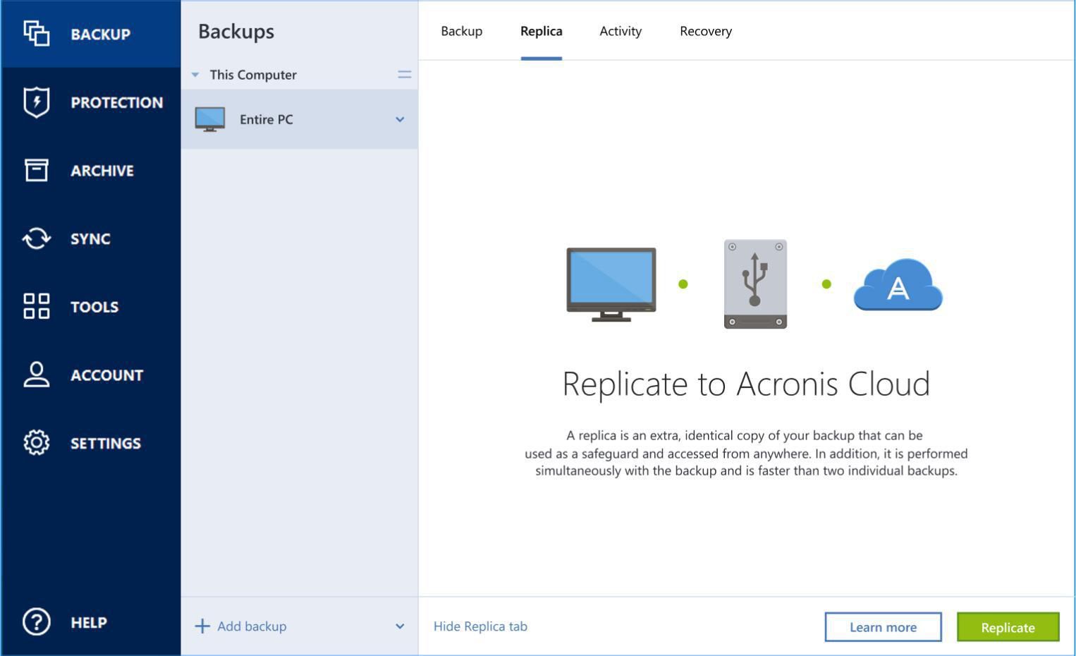 Ein Computerbildschirm, der die Acronis Cloud Backup-Oberfläche zeigt, mit Text über Datenschutz.