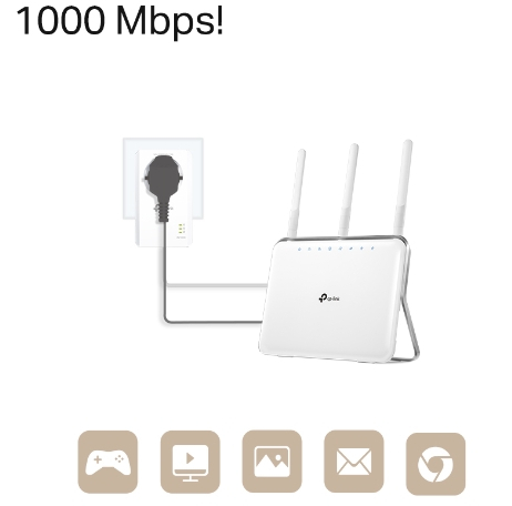 White TP-Link router with three antennas and power adapter.