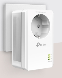 A white powerline adapter plugged into a wall outlet.