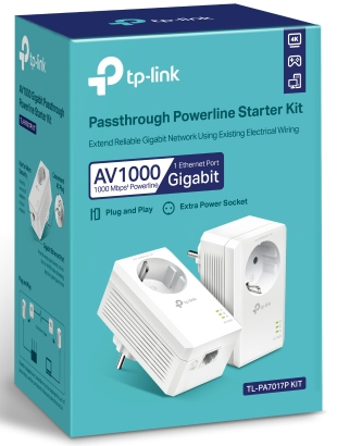 A box with a powerline starter kit. It has two white adapters, and text.
