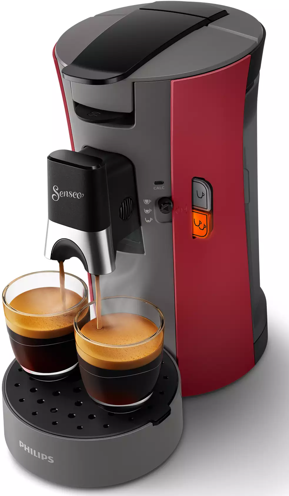 Red and gray espresso machine with two glasses of coffee.