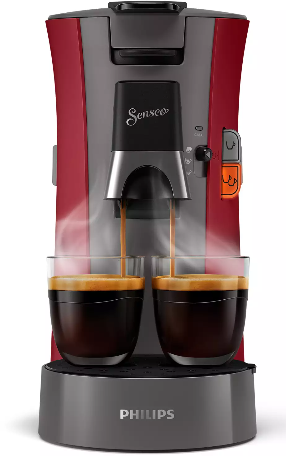 A red and gray Senseo coffee machine dispensing two cups of coffee.
