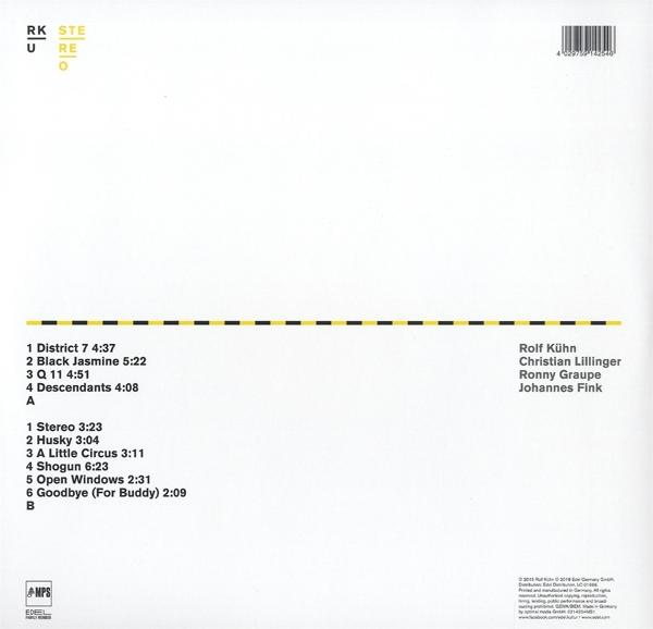 Rückseite der Schallplatte mit Titelliste, gelber Linie und weißem Hintergrund.