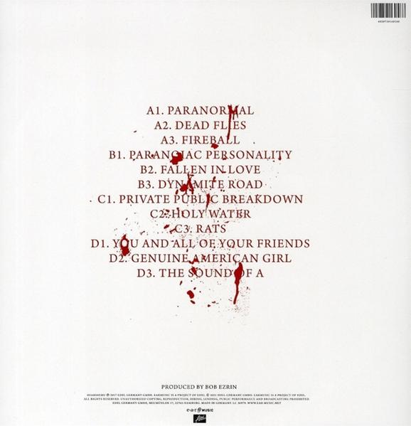 Album-Rückseite mit Trackliste. Rote Spritzer und Text auf weißem Hintergrund.