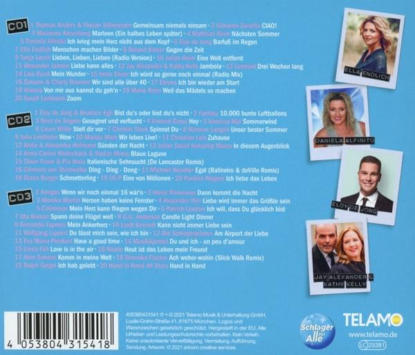 Rückseite einer CD-Hülle mit verschiedenen Songtiteln und Künstlerfotos, auf blauem Grund.