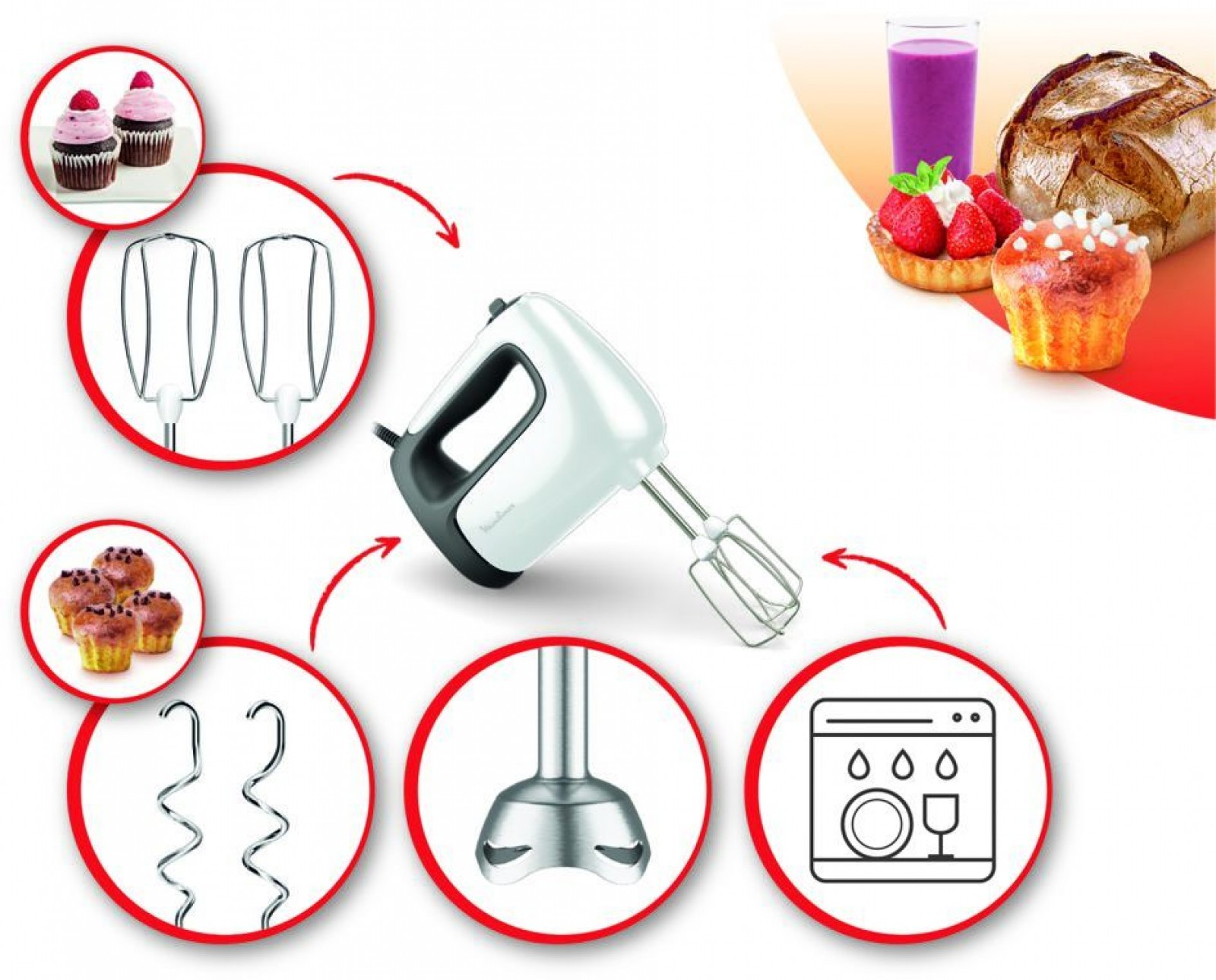 Schema di un mixer a mano bianco con accessori e alimenti.