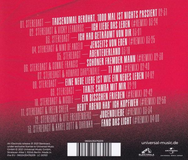 CD-Cover mit Songtiteln in Rot und rotem Hintergrund. Enthält Text und Logo.