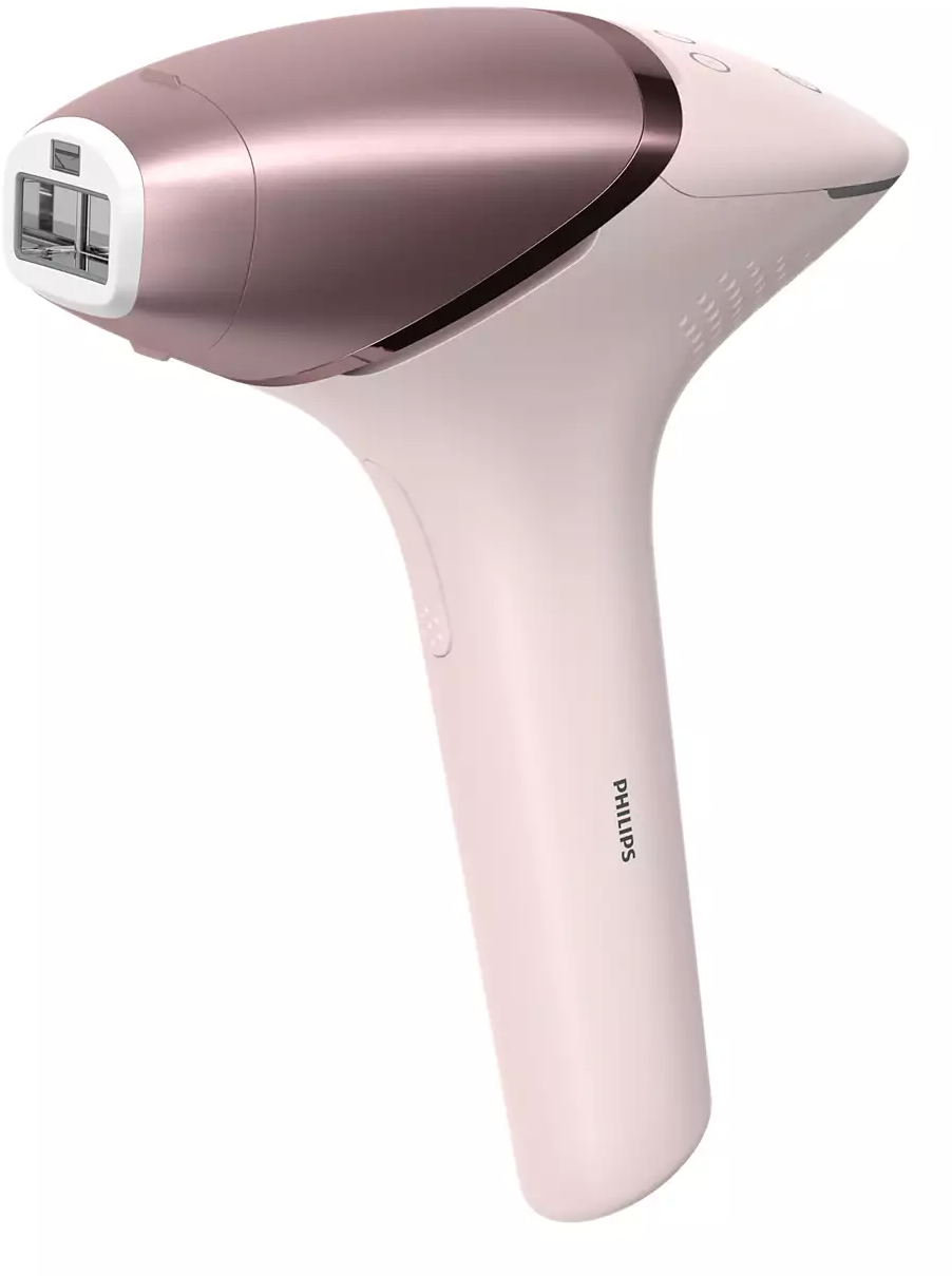 Pink Philips Lumea IPL hair removal device, with a rose-gold head and white details.