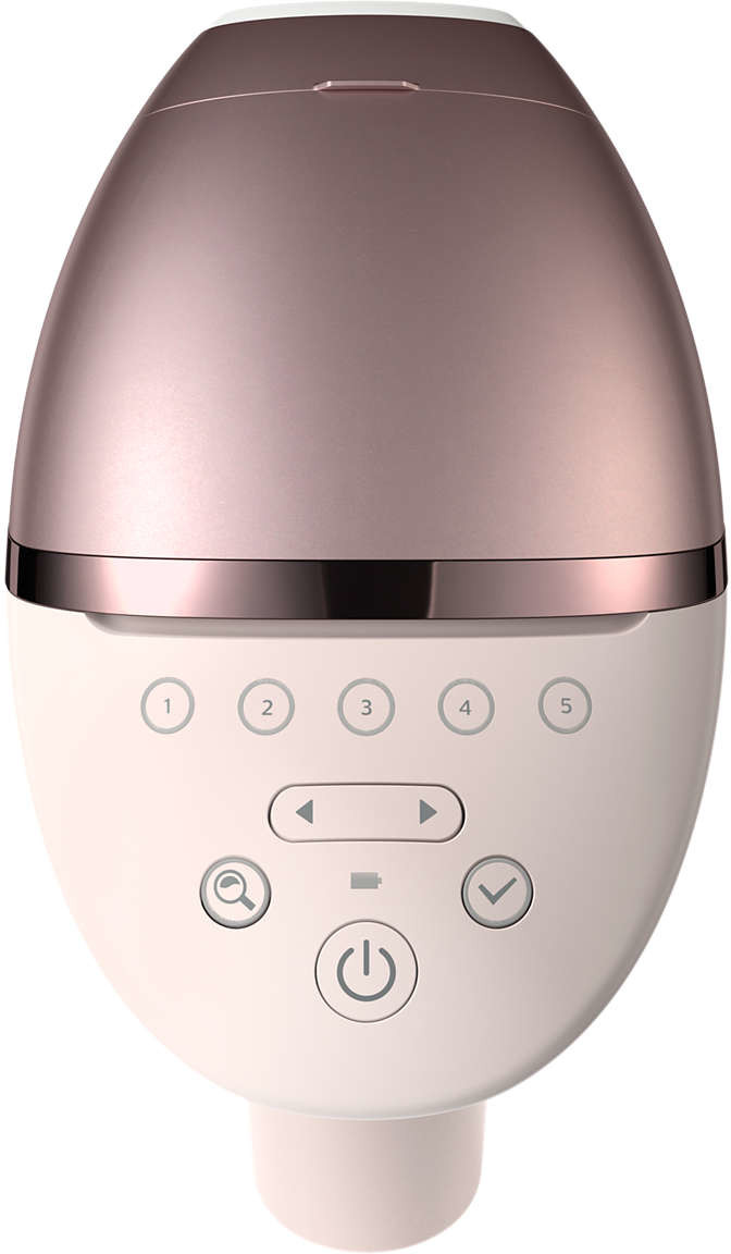 A pink and rose gold device with buttons and a power button. White background.