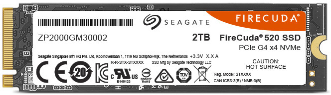 SSD-schijf met labels, het Seagate-logo en een waarschuwing voor hoge oppervlaktetemperatuur.