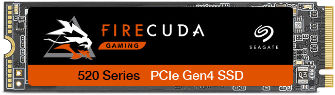 Een zwarte en oranje SSD, met de tekst 'FireCuda Gaming' en 'Seagate', met de 520-serie.