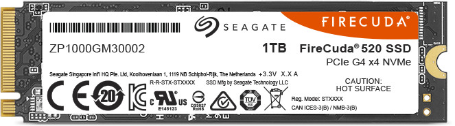 Seagate FireCuda 520 SSD met tekst en logo's, met details.
