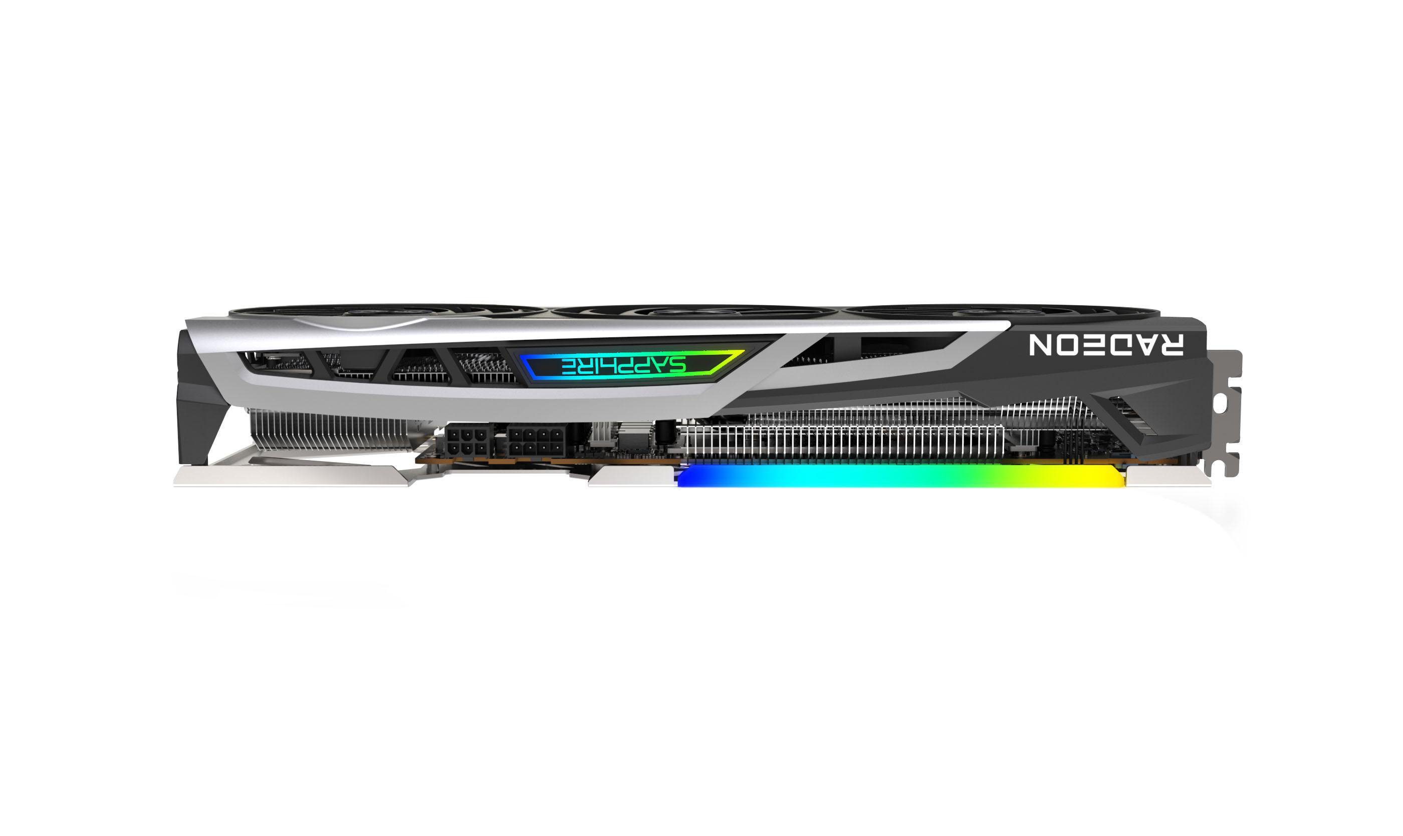 Eine Sapphire Radeon Grafikkarte mit rotem und blauem LED-Balken.