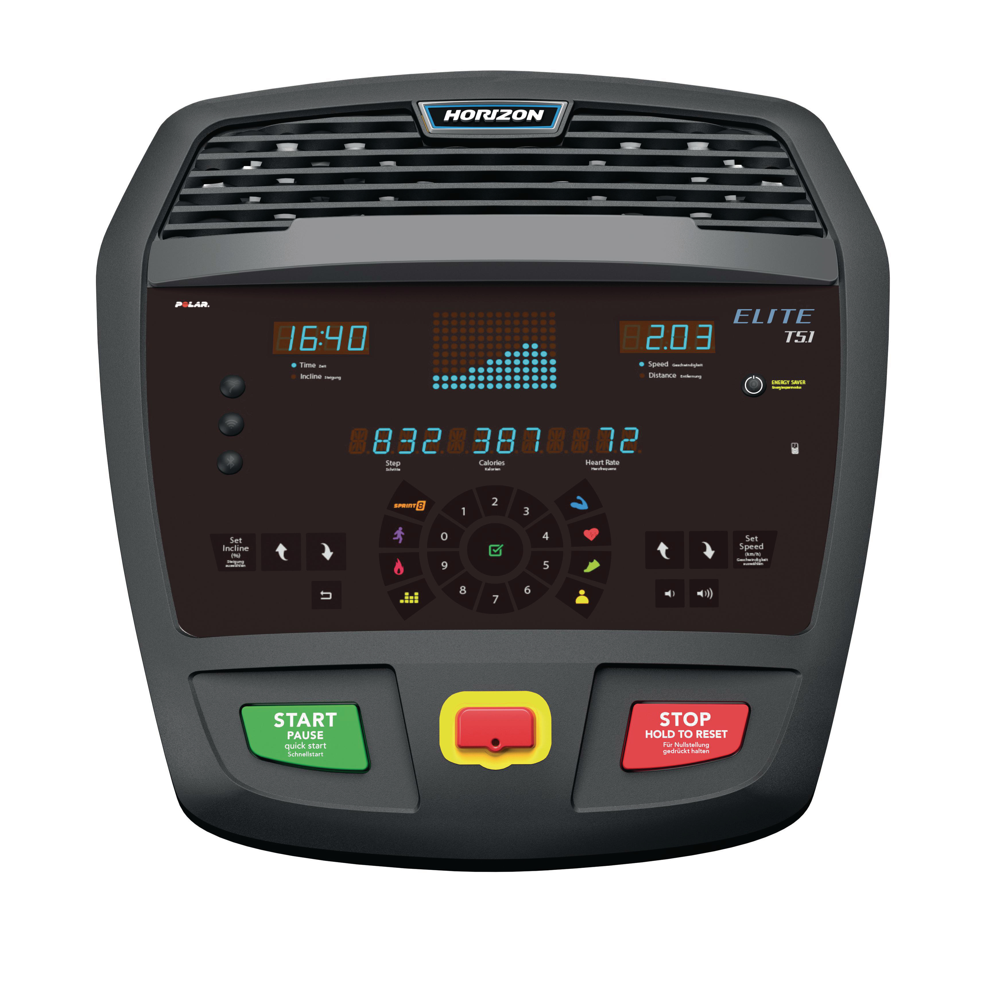 Laufband-Bedienfeld, verschiedene Knöpfe, Digitalanzeige.