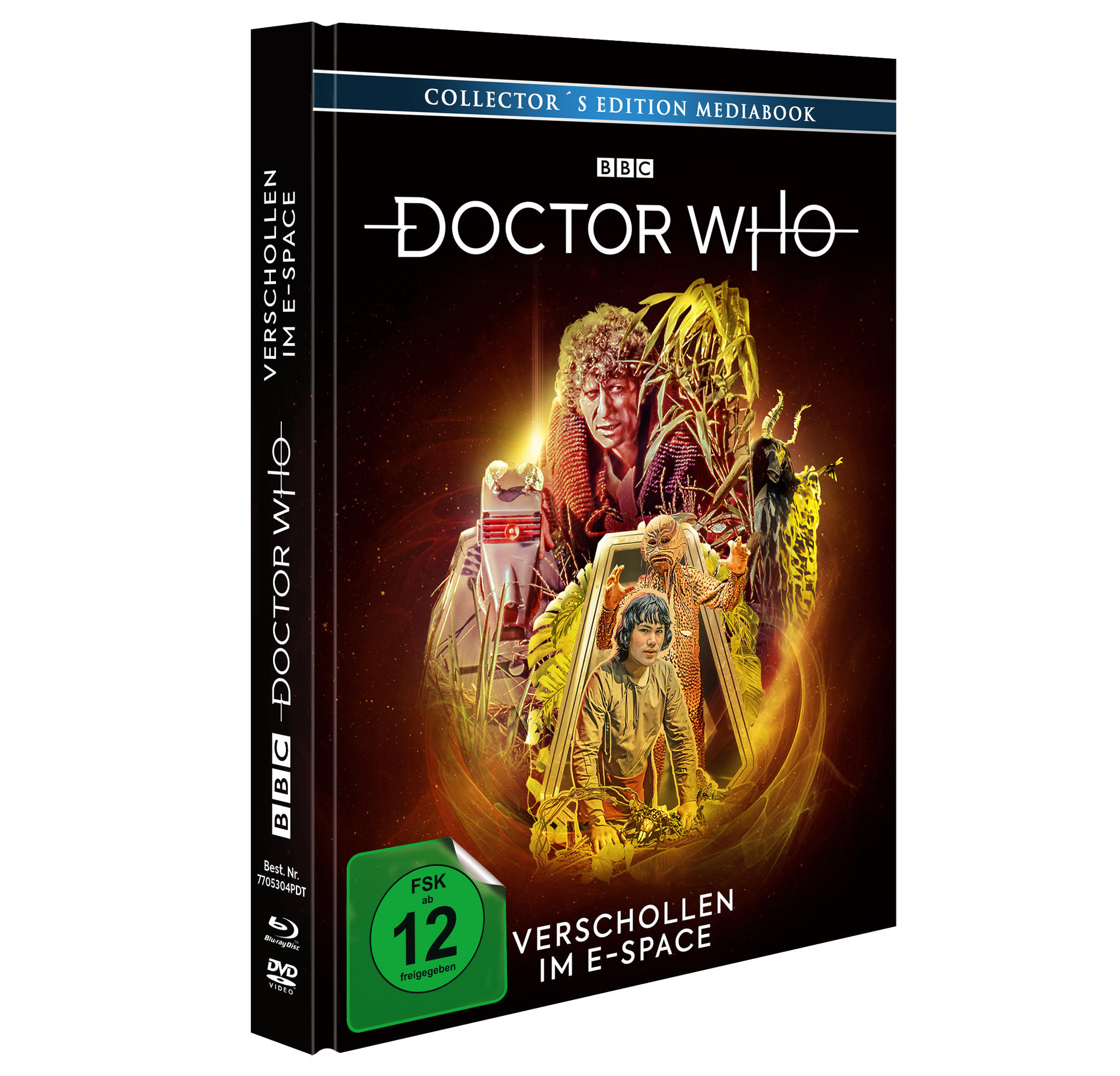 DVD-Hülle für Doctor Who. Das Cover zeigt eine farbenfrohe Collage von Charakteren und ein goldfarbenes Portal.