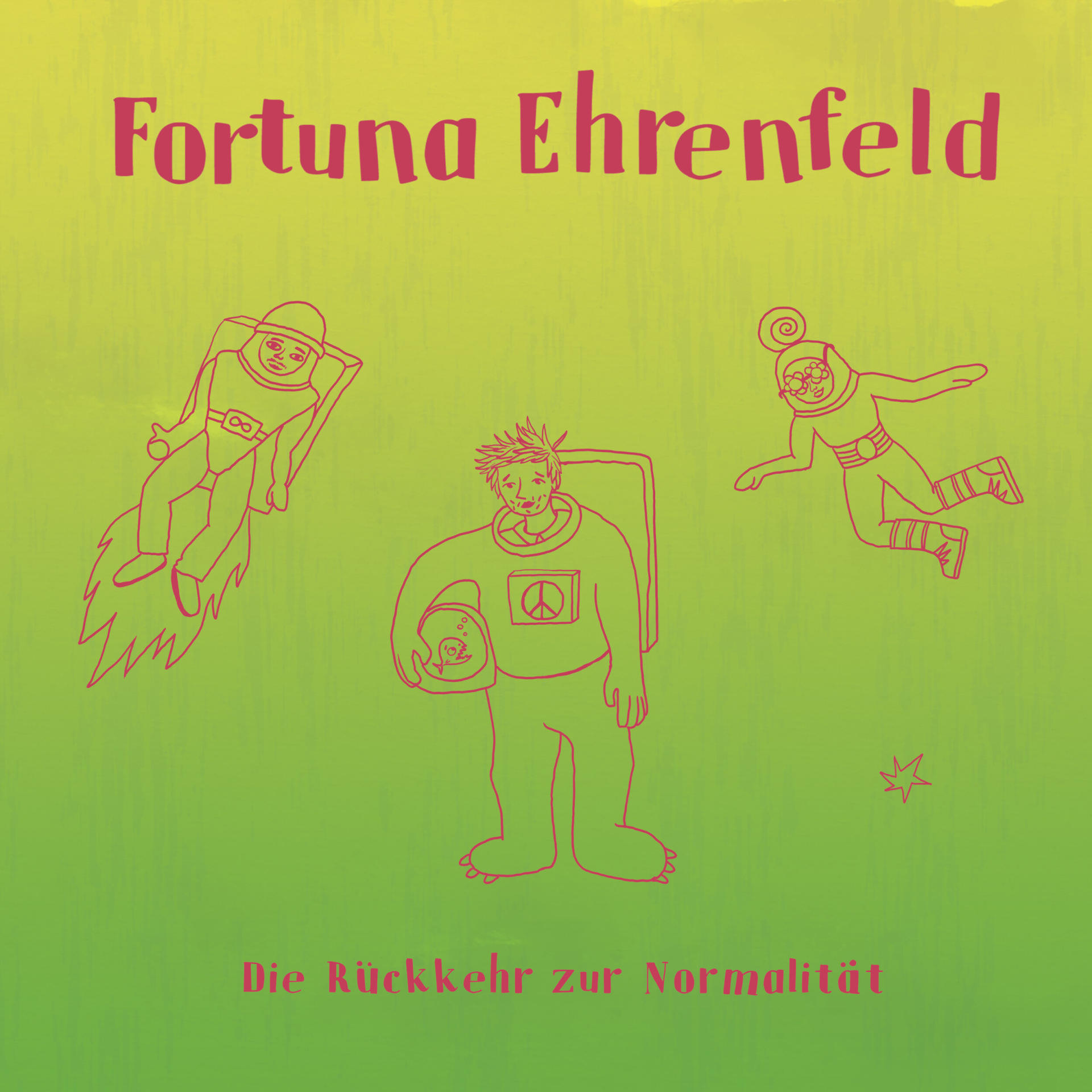 Ein Cartoon-Albumcover mit drei Figuren und Text in Pink auf grün-gelbem Farbverlauf.