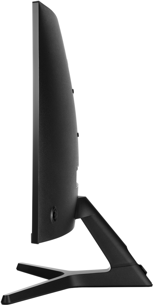 Zijaanzicht van een zwarte computermonitor. Gebogen scherm, zwarte standaard. Verlicht.