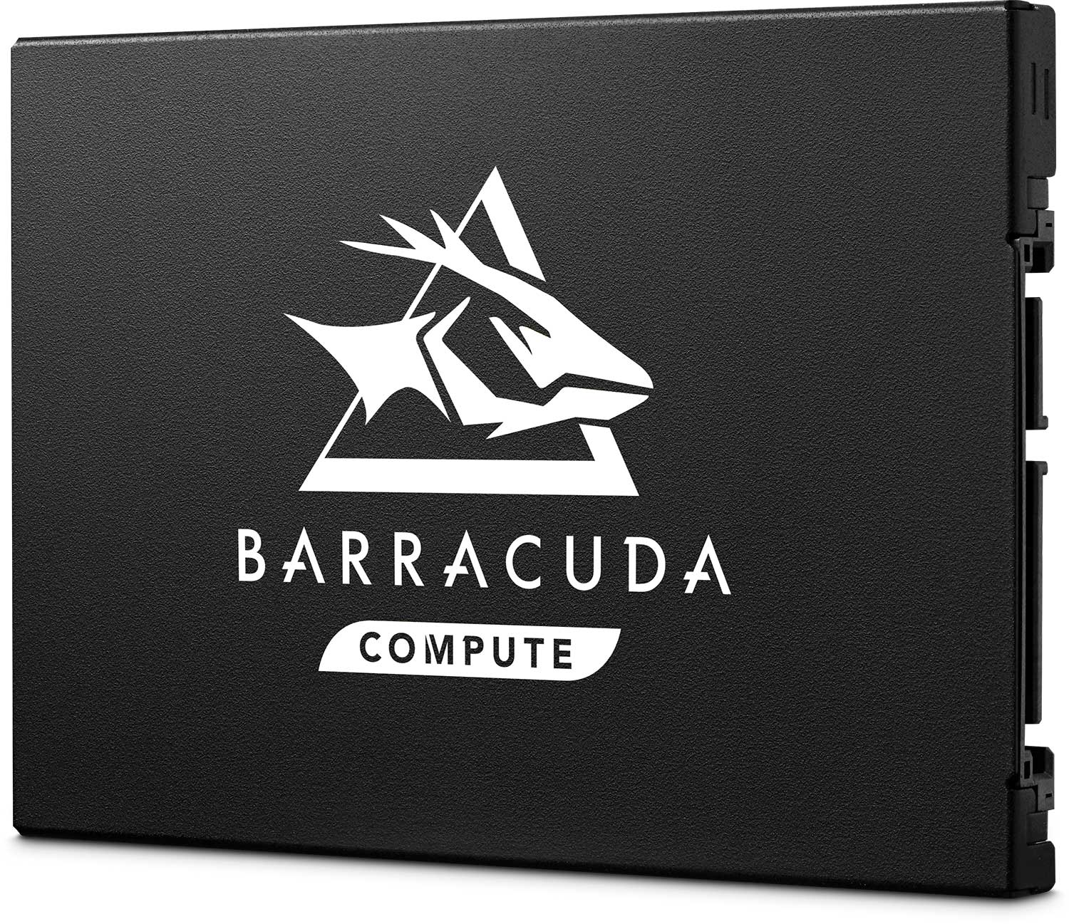 Zwarte SSD met wit logo en tekst 'BARRACUDA COMPUTE'. De SSD is rechthoekig met een getextureerd oppervlak.