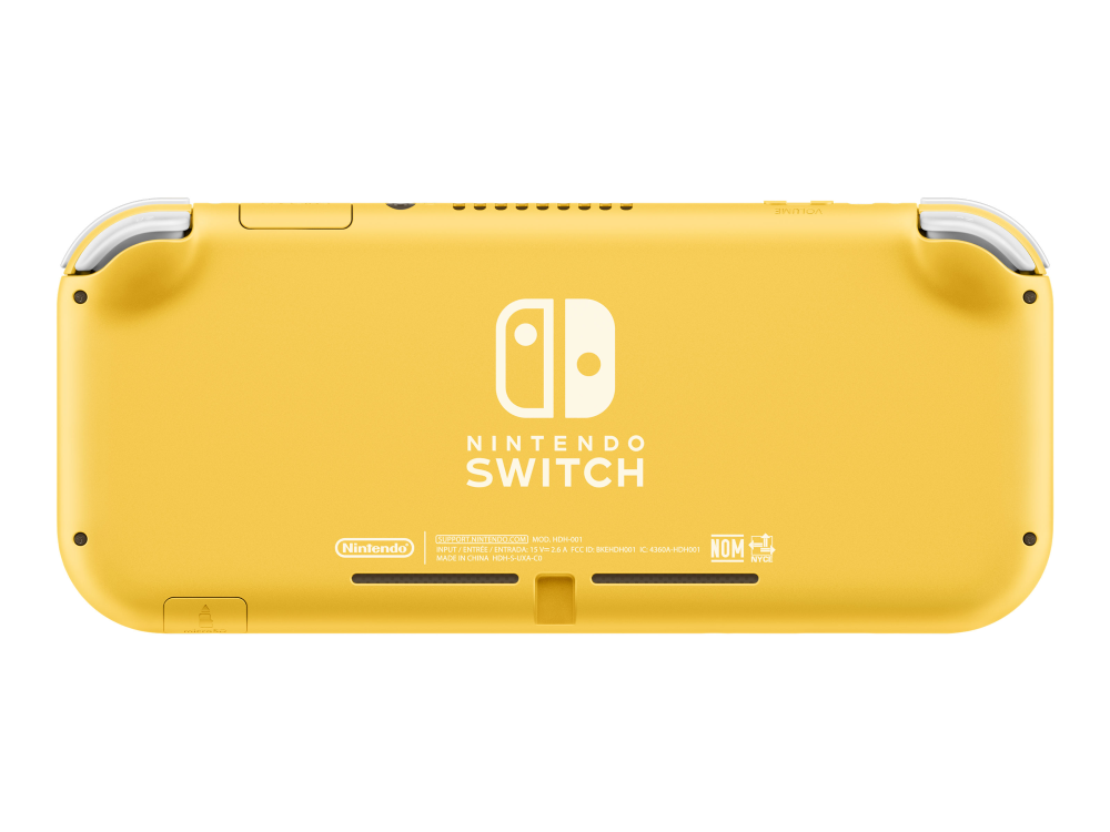 Consola Nintendo Switch Lite amarilla, vista trasera, con botones y logotipo blancos.