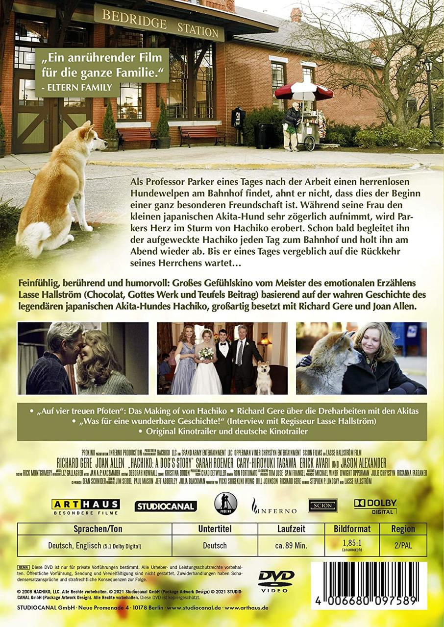 DVD-Cover von Hachiko, ein Hund in der Nähe eines Bahnhofs. Text und Bilder beschreiben den Film.