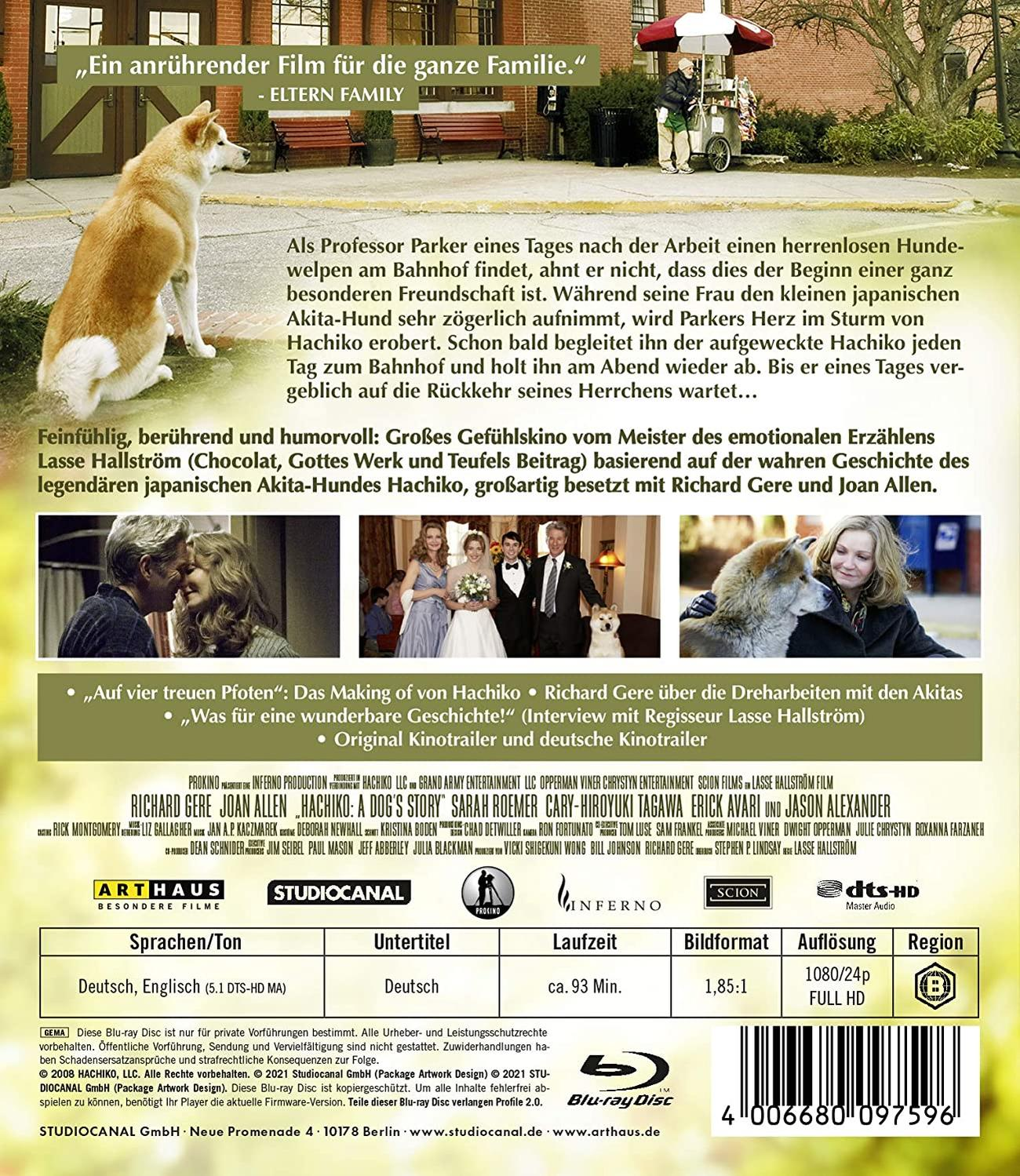DVD-Cover des Films 'Hachiko: A Dog's Tale'. Enthält Fotos des Films und Text.