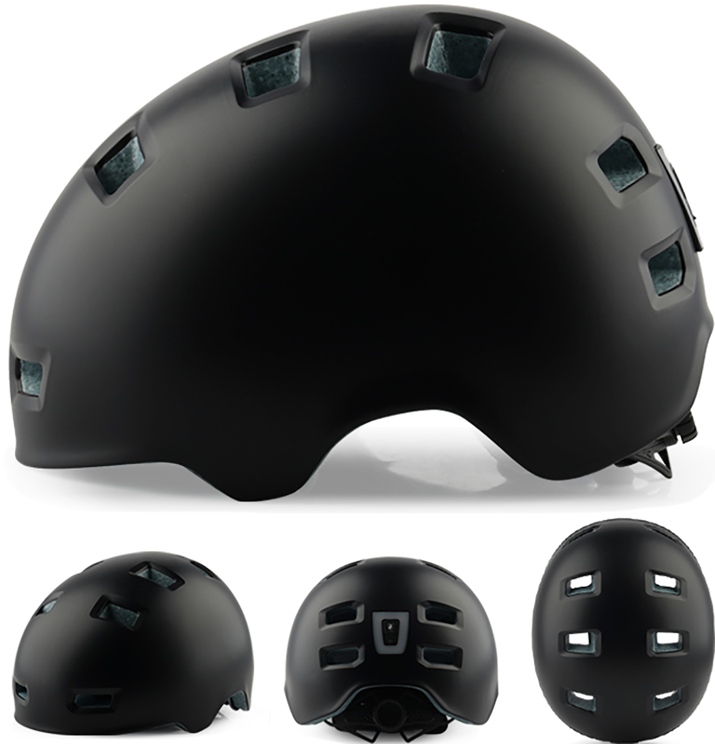 Un casque de vélo noir avec plusieurs aérations. Plusieurs vues du casque, montrant différents angles.