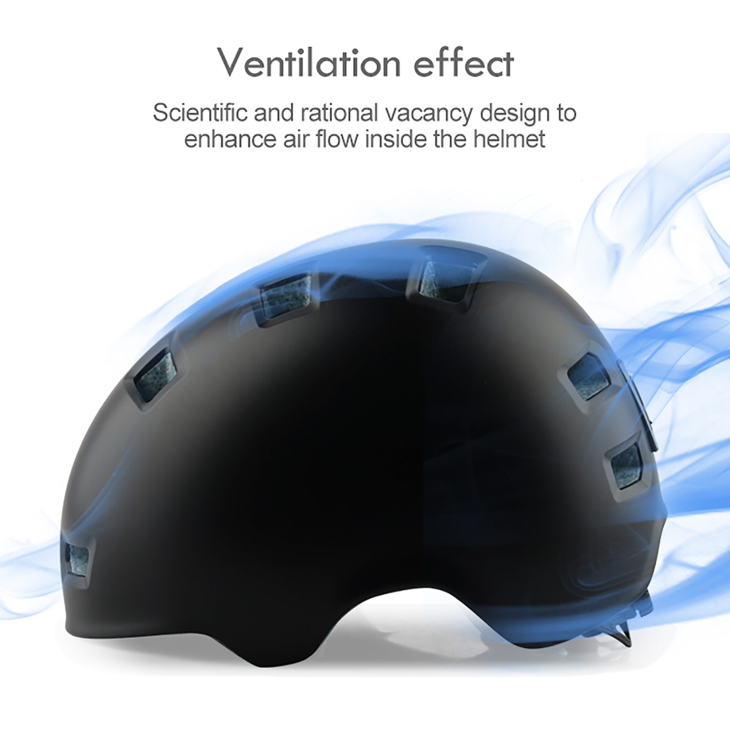 Casque noir avec conception de flux d'air bleu. Texte : Effet de ventilation.