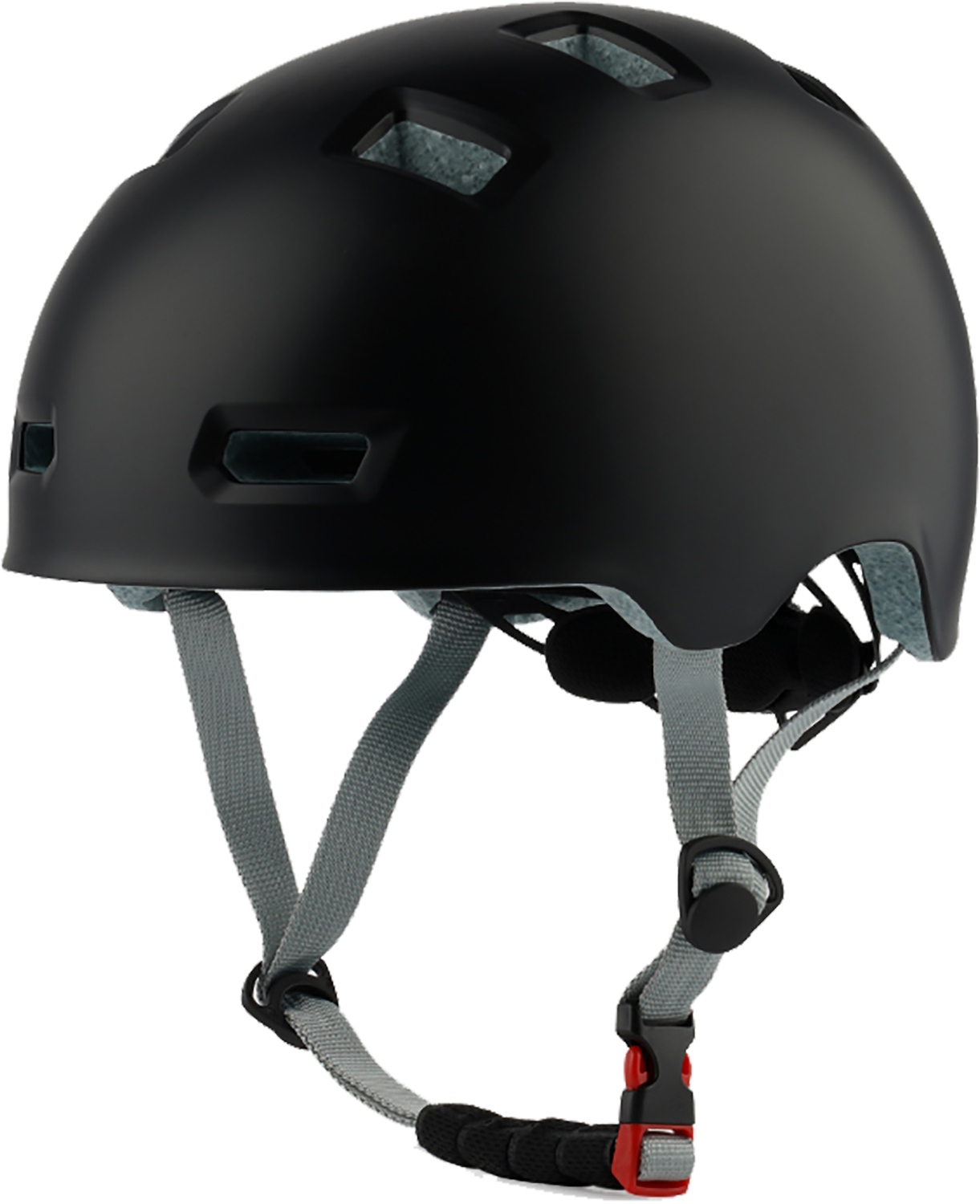 Casque de vélo noir avec sangles grises et clip de réglage rouge.